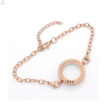 New top selling 316l chain bracelet, roce gold floating locket glass bracelet jewelry